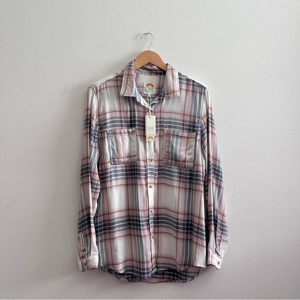 C&C California Pink & Blue Plaid Button Down NWT